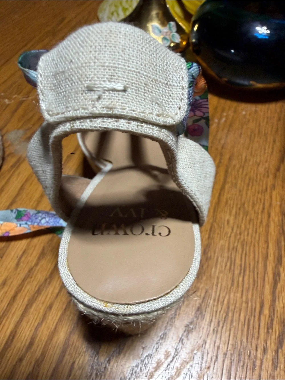 Floral Lace-Up Espadrille Wedge Sandals - Beige with Orange & Purple Floral Ties